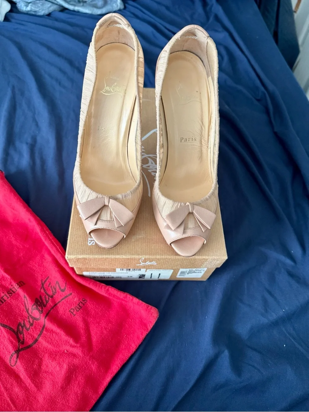 Christian Louboutin Angelique Nude chiffon Peep-Toe Stiletto with Red Sole